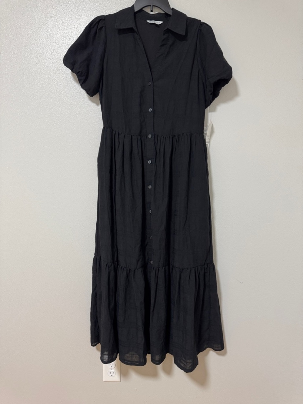Classic Black Tiered Button-Front Midi Dress